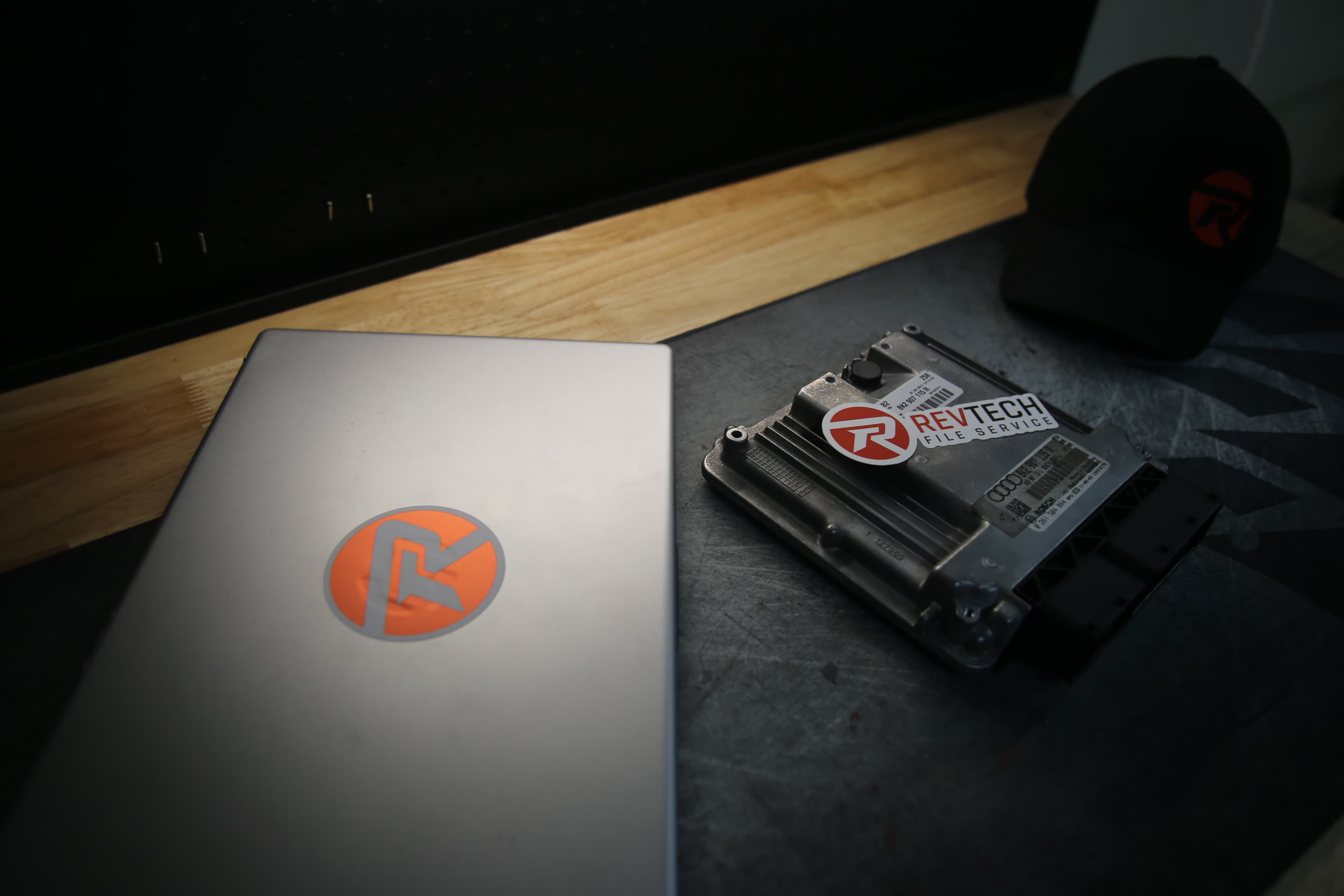 Revtech laptop and ECU on a workshop bench